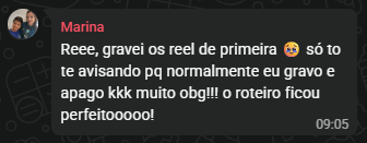 Mensagem de Marina sobre gravar um reel de primeira