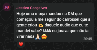 Mensagem de Jessica sobre uma nova seguidora que veio de um carrossel